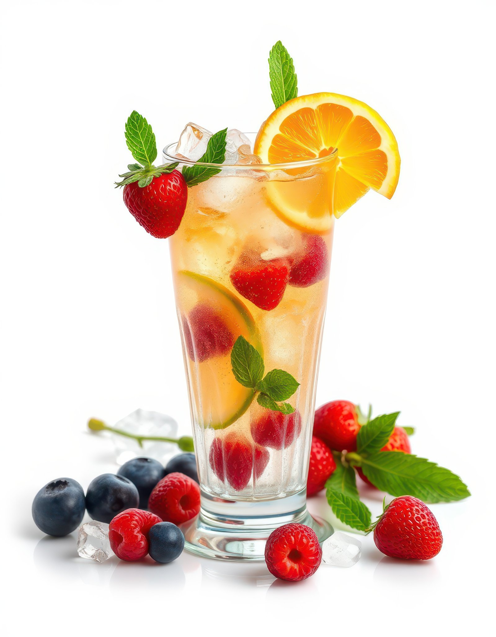 Refreshing summer drink with fresh berries and citrus garnishes served in a tall glass